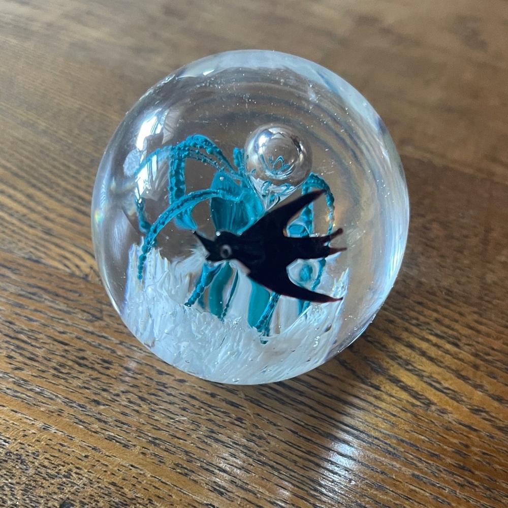 Glass Paperweight with Black Bird and Blue Design Vintage